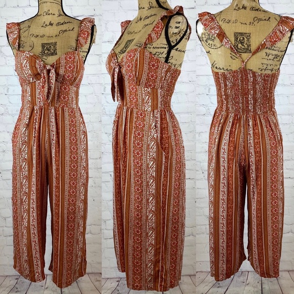 AUW Brown Boho Striped Bustier Capris Jumpsuit - Picture 1 of 2